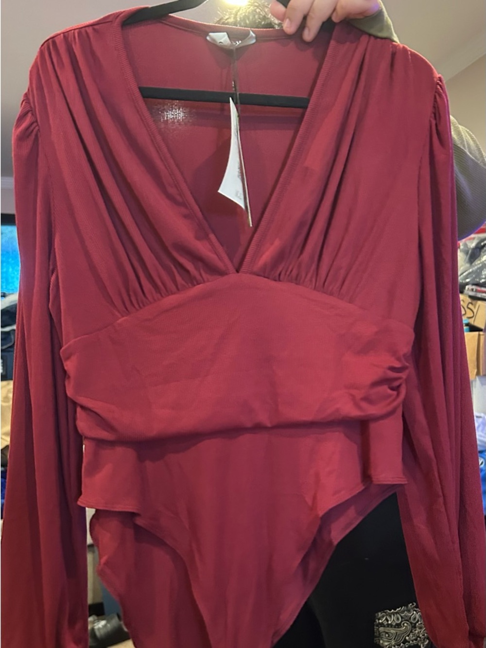 Cider Deep V Long Sleeve Bodysuit in Burgundy